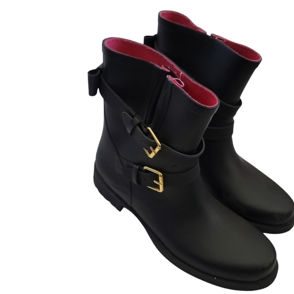 KATE SPADE  PAMELA Rain Moto Black Size 11 Rubber Bow Gold Buckles Ankle Pull On - Picture 2 of 10